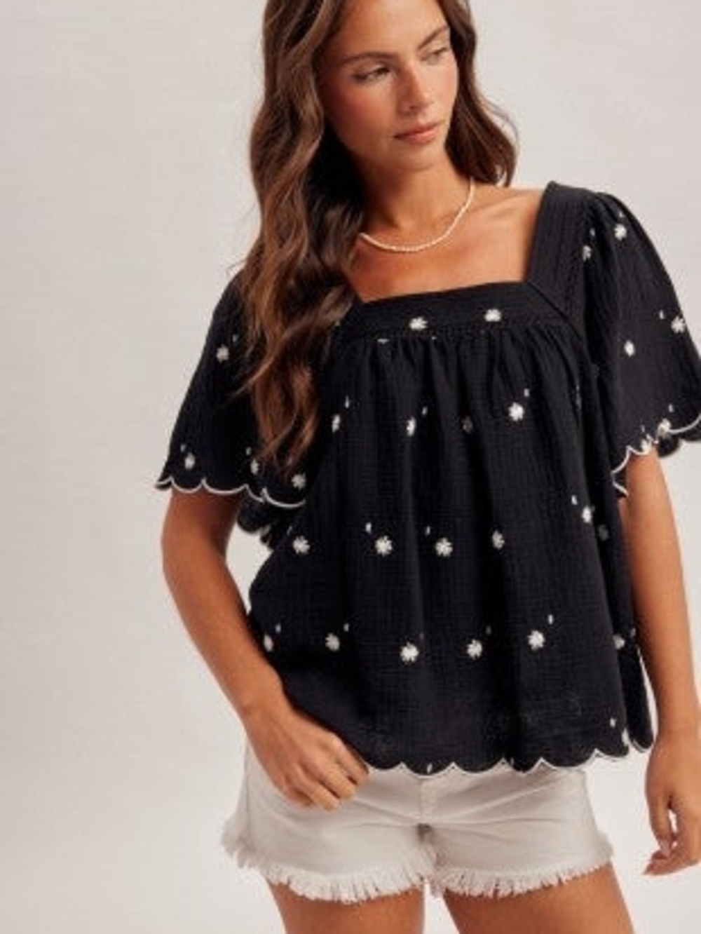 Daisy Embroidered Cotton Squared Neck Black Top